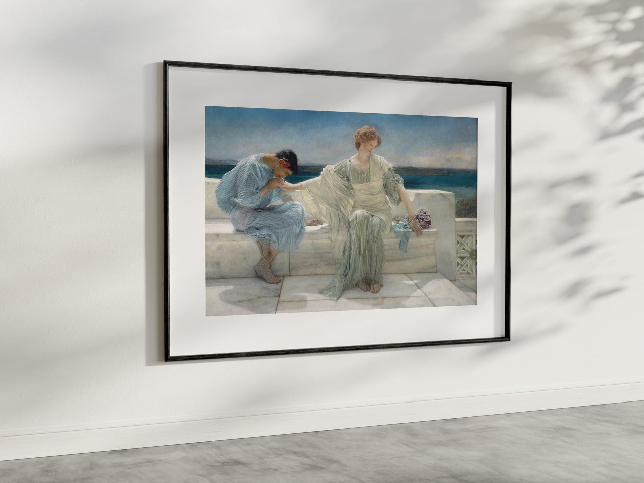  A reproduction of "Ask Me No More" by Alma Tadema. The painting features two women in flowing classical garments on a marble terrace with the sea in the background. The peaceful scene captures a quiet moment between the women. Wall art, home decor, painting, art reproduction, famous artist, poster, print.