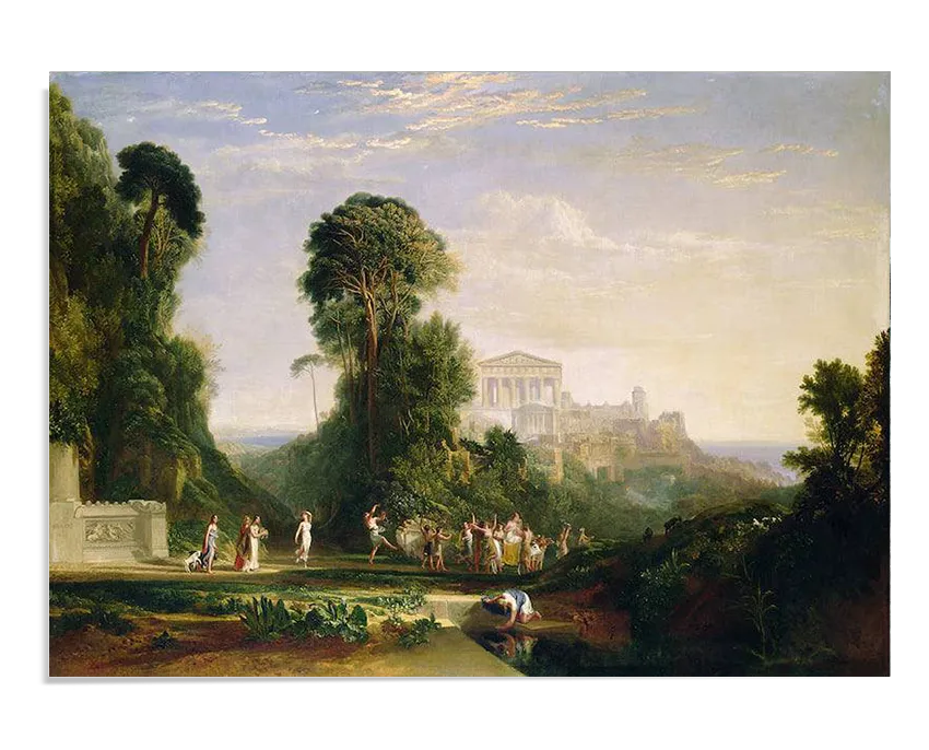 poster of William Turner's "The Temple of Jupiter." Here, the quality of the print and the richness of the colors can be appreciated in greater detail. The landscape features dense vegetation, human figures in ancient clothing, and a prominent Greek temple in the background. The scene perfectly captures the beauty and serenity of classical antiquity, transporting the viewer to another era.