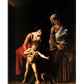 a reproduction of Caravaggio's "Madonna and Child with St. Anne" in a high-quality printed poster format. The artwork is set against a dark background, emphasizing the figures with dramatic lighting. The scene depicts the Madonna, dressed in red, holding the child Jesus who is standing on a snake, symbolizing victory over evil. St. Anne, draped in a brown robe, watches with a serene expression
