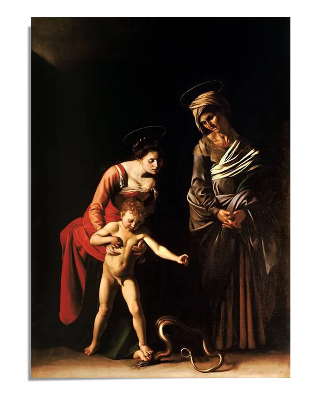 a reproduction of Caravaggio's "Madonna and Child with St. Anne" in a high-quality printed poster format. The artwork is set against a dark background, emphasizing the figures with dramatic lighting. The scene depicts the Madonna, dressed in red, holding the child Jesus who is standing on a snake, symbolizing victory over evil. St. Anne, draped in a brown robe, watches with a serene expression