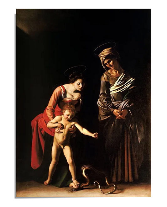 a reproduction of Caravaggio's "Madonna and Child with St. Anne" in a high-quality printed poster format. The artwork is set against a dark background, emphasizing the figures with dramatic lighting. The scene depicts the Madonna, dressed in red, holding the child Jesus who is standing on a snake, symbolizing victory over evil. St. Anne, draped in a brown robe, watches with a serene expression