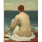 The image is a close-up of the "Psamathe" poster by Frederick Leighton. The painting shows a nude woman from behind, sitting on a red and white cloth, gazing at the calm sea. The detailed reproduction highlights the softness of the skin tones and the tranquil seascape, making it a beautiful piece for any art collection.