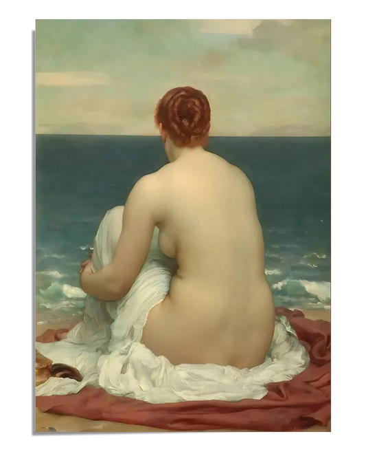 The image is a close-up of the "Psamathe" poster by Frederick Leighton. The painting shows a nude woman from behind, sitting on a red and white cloth, gazing at the calm sea. The detailed reproduction highlights the softness of the skin tones and the tranquil seascape, making it a beautiful piece for any art collection.