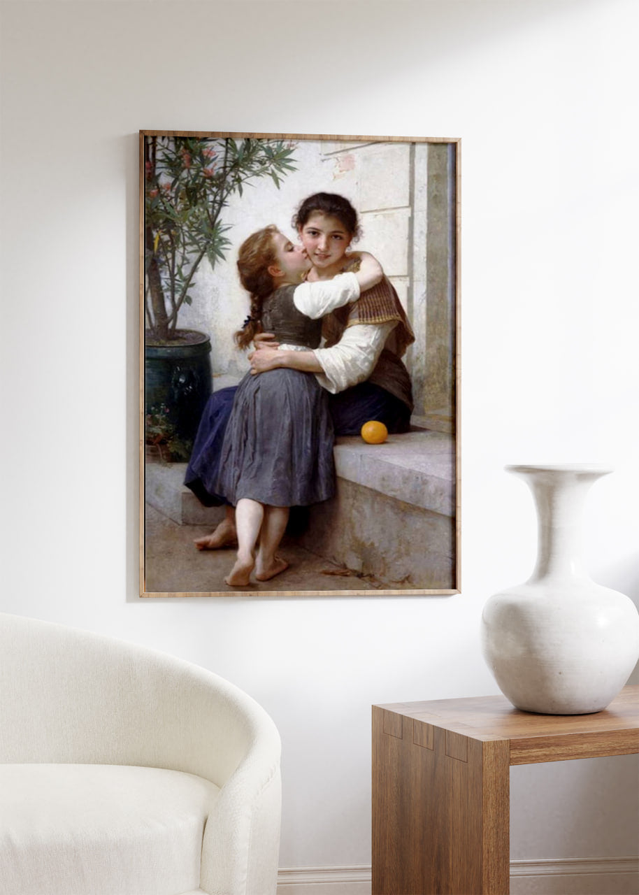 The second image features the same "Calinerie" poster framed and hanging on a white wall in a minimalist setting. The gentle lighting accentuates the tender moment captured in the painting, making it a charming addition to the room’s decor. The artwork’s soft colors and realistic details are beautifully reproduced