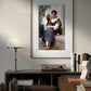 The third image shows the "Calinerie" poster by William Bouguereau displayed in a modern home office setting. The painting is framed and hung above a desk with books and a turntable, blending classic art with contemporary elements. The touching scene between the sisters brings warmth and tranquility to the space