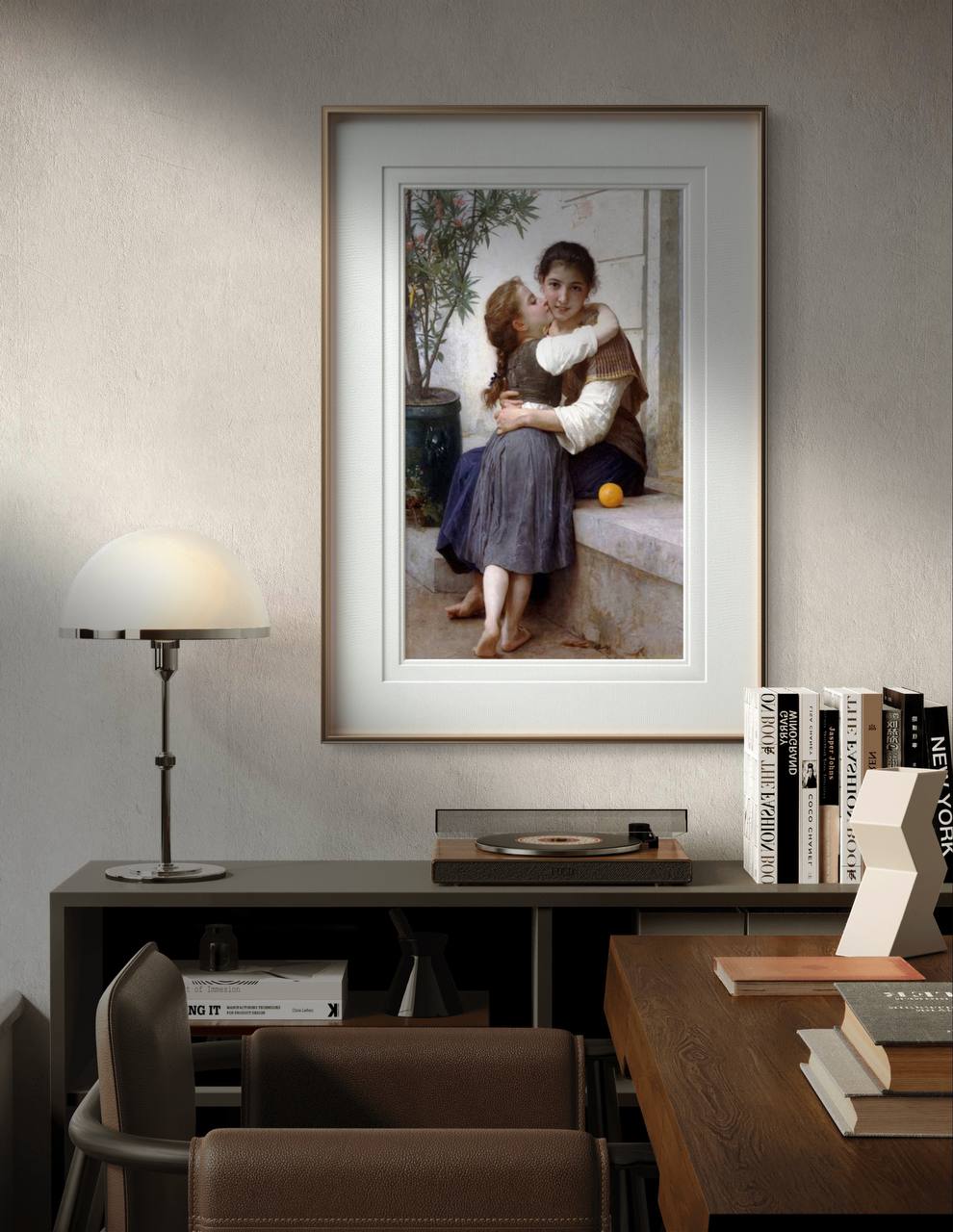 The third image shows the "Calinerie" poster by William Bouguereau displayed in a modern home office setting. The painting is framed and hung above a desk with books and a turntable, blending classic art with contemporary elements. The touching scene between the sisters brings warmth and tranquility to the space