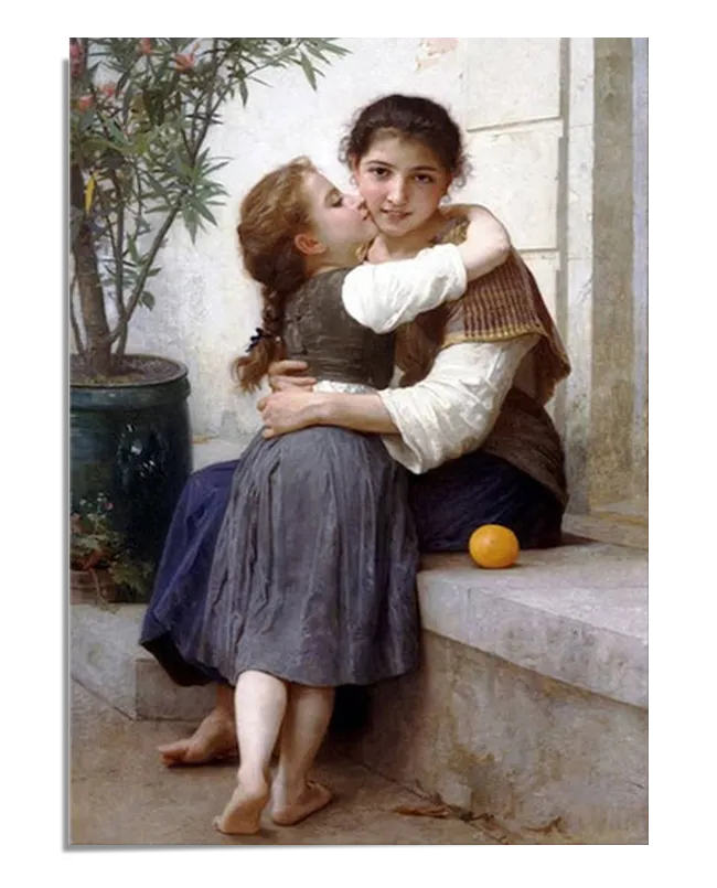 The image shows a framed poster of William Bouguereau's painting "Calinerie." The artwork features a touching scene of a young girl embracing her older sister, who sits on a stone ledge. The older sister gazes directly at the viewer with a gentle smile, while the younger girl rests her head affectionately on her sister’s shoulder. A potted plant and an orange sit nearby, adding to the serene and intimate setting. T