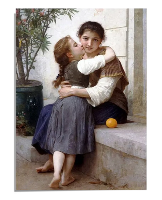 The image shows a framed poster of William Bouguereau's painting "Calinerie." The artwork features a touching scene of a young girl embracing her older sister, who sits on a stone ledge. The older sister gazes directly at the viewer with a gentle smile, while the younger girl rests her head affectionately on her sister’s shoulder. A potted plant and an orange sit nearby, adding to the serene and intimate setting. T