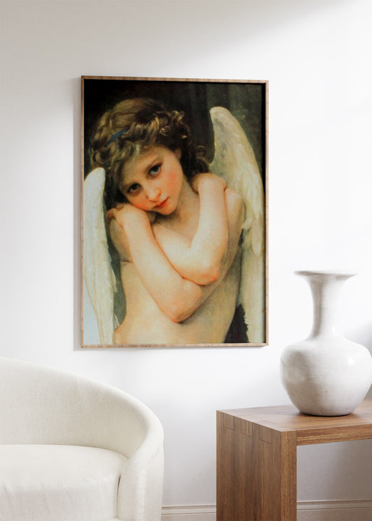 The second image presents the same "Wet Cupid" poster framed and hanging on a white wall. The minimalist frame and clean background allow the gentle expression and detailed features of the angel to stand out. The soft lighting emphasizes the warmth and charm of Bouguereau’s painting, making it a lovely addition to any room.