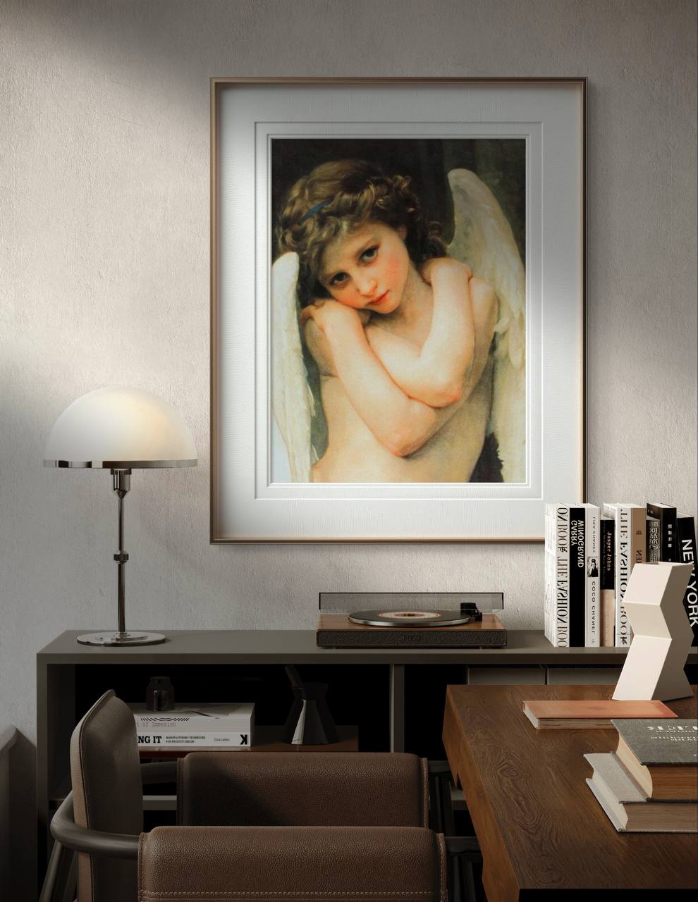 The third image displays the "Wet Cupid" poster by William Bouguereau in a modern home office setting. The framed artwork is hung above a desk with books and a turntable, blending classical art with elegant decor. The angel’s tender gaze and the soft, luminous quality of the painting add a touch of elegance and tranquility to the workspace.