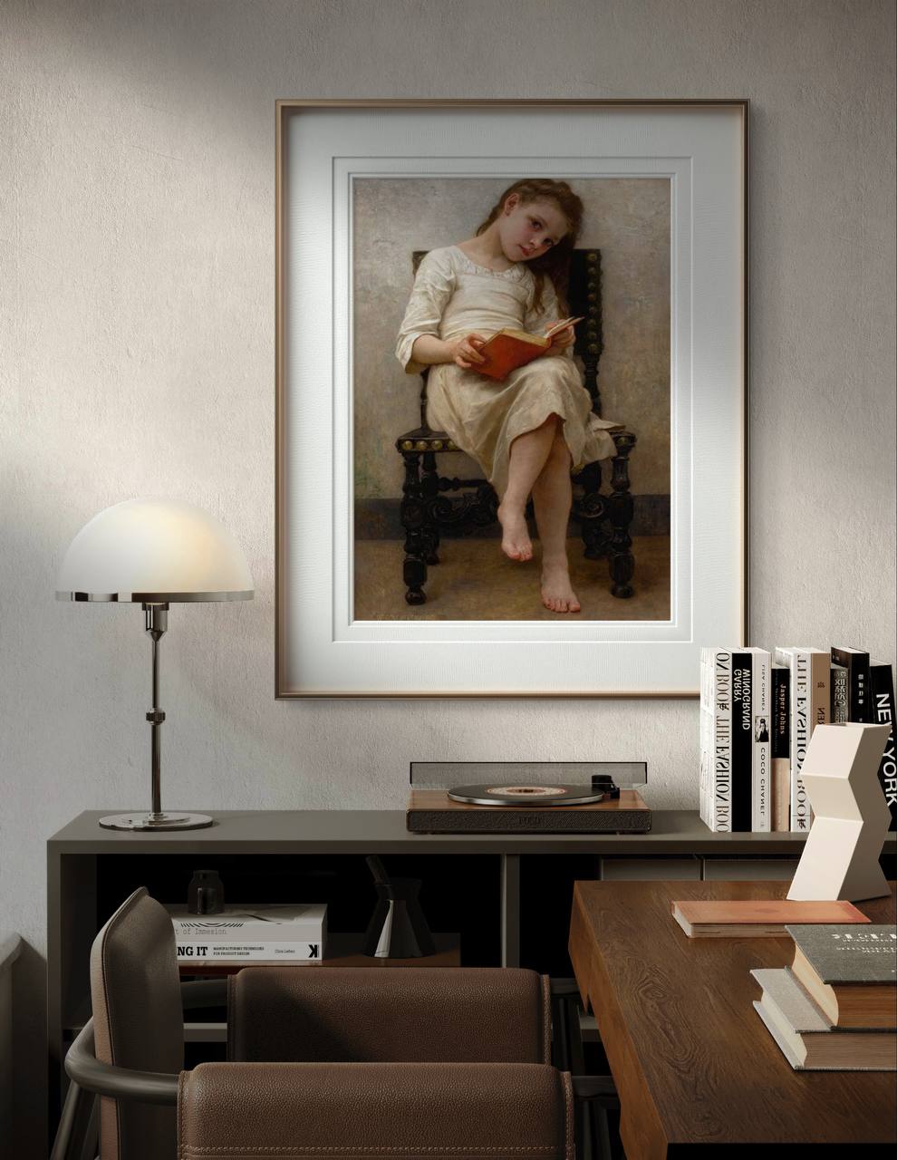 The third image shows the "Le Livre de Prix" poster by William Bouguereau displayed in a modern home office setting. The framed artwork is hung above a desk with books and a turntable, blending classical art with contemporary elements. The serene expression of the girl and the detailed depiction of the scene add a touch of elegance and intellectual charm to the workspace.