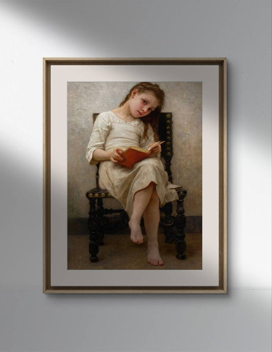 The second image presents the same "Le Livre de Prix" poster framed and hung on a white wall. The classical frame and the soft lighting emphasize the serene and contemplative mood of the painting. The high-quality reproduction captures the delicate details of the girl's dress and her thoughtful expression, making it an elegant addition to any room.