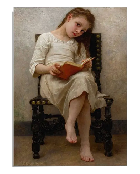 The first image shows a framed poster of William Bouguereau's painting "Le Livre de Prix." The artwork features a young girl sitting on an ornate chair, reading a book. She is dressed in a simple, light-colored dress, and her gaze is directed slightly upwards as if she is deep in thought. The detailed rendering of her expression and the intricate design of the chair highlight Bouguereau's skill. The poster has a simple frame that complements the classic feel of the painting.