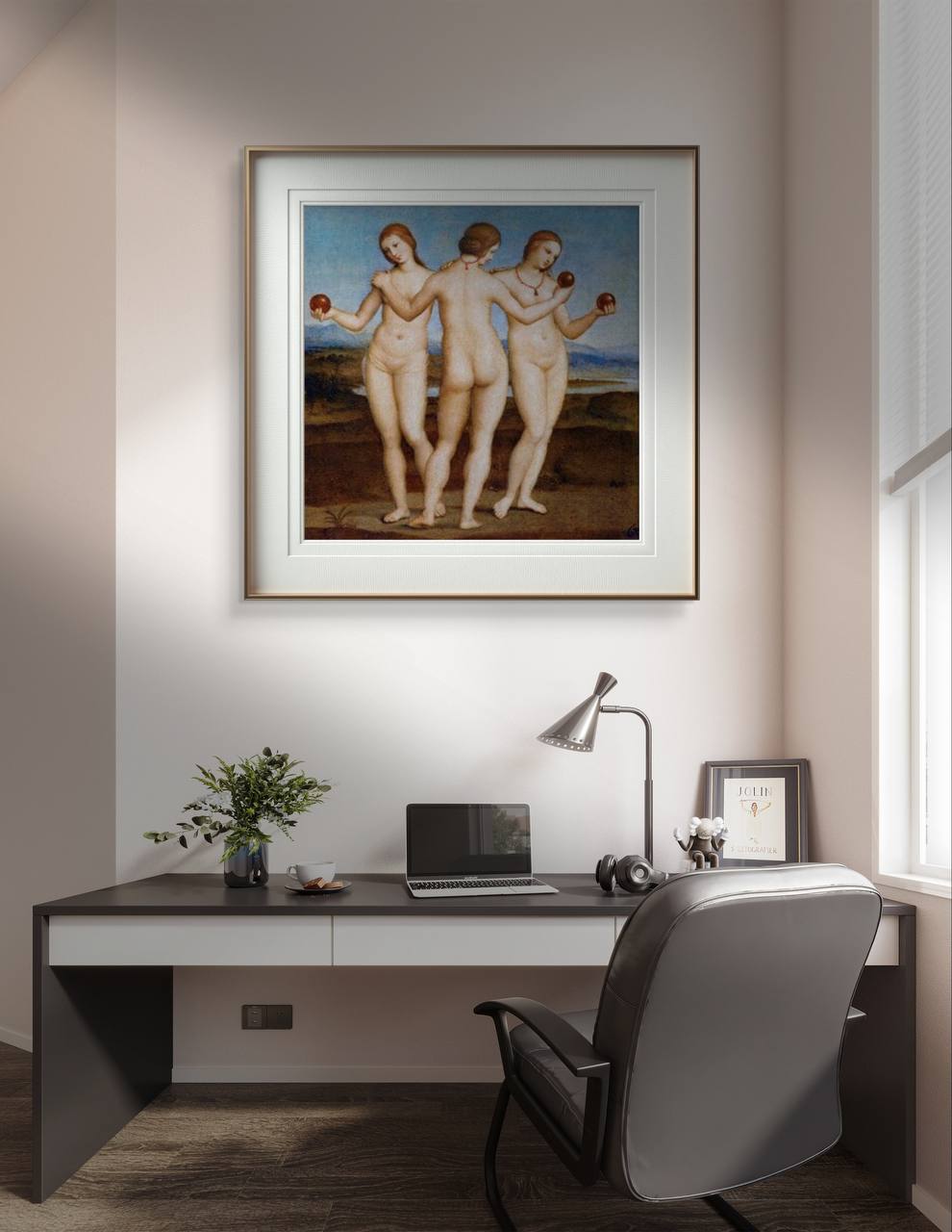 The second image shows the same "Three Graces" poster leaning against a wall in a bright room with parquet flooring. The artwork, framed in a wooden frame, is positioned next to an open door and a chair, adding a touch of classical elegance to the modern interior. The serene and graceful depiction of the three women is highlighted by the natural light entering the room.