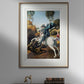 The third image features the "Saint George and the Dragon" painting by Raphael, framed and hung above a dark wooden cabinet. The minimalist frame highlights the dramatic scene without distracting from the artwork's details. The high-quality reproduction ensures that every brushstroke and color is preserved, making it a captivating piece for any decor.