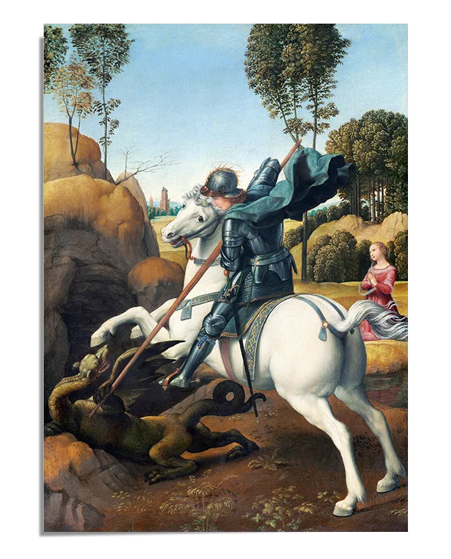 The first image features a high-quality reproduction of Raphael's painting "Saint George and the Dragon." The artwork depicts Saint George, clad in armor, riding a white horse and thrusting a spear into a dragon. The scene is set in a lush landscape with trees and hills. In the background, a woman, possibly a princess, is shown praying. The vibrant colors and dynamic composition bring the legendary battle to life.