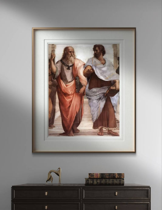 The painting is framed and hung in a sophisticated office setting. The classical artwork contrasts beautifully with the modern furnishings, creating a space that is both cultured and professional.