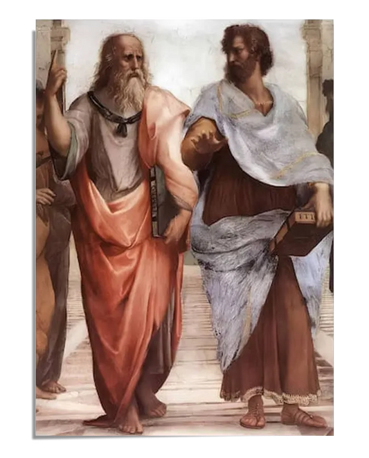 : This is a high-quality image of a section from Raphael's "The School of Athens." It features the central figures of Plato and Aristotle walking and engaged in discussion, set against a backdrop of classical architecture filled with philosophers and scholars.