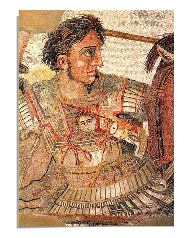  detailed section of the famous "Battle of Issus" mosaic, depicting Alexander the Great in battle armor. This intricate mosaic showcases the fine craftsmanship and attention to detail that characterizes this historical artwork.