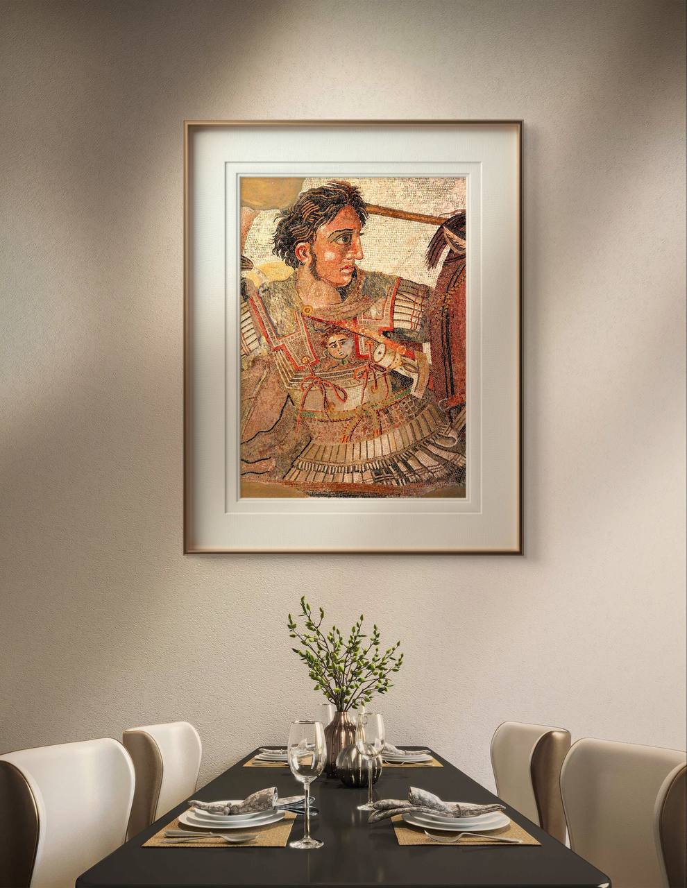 The poster feature a beautifully framed reproduction of the ancient mosaic known as the Battle of Issus, which depicts Alexander the Great in vivid detail. The artwork showcases Alexander in battle. is hung in a dining room, positioned above a set dining table. The table is elegantly set with wine glasses, plates, and cutlery, creating an inviting atmosphere for a meal. The warm lighting enhances the colors of the mosaic, making it a focal point of the room.