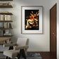 The second image presents the same framed poster on a white wall. The classical golden frame adds a modern touch to the classical art reproduction. Natural light falls on the scene, creating soft shadows and emphasizing the dramatic contrasts in Caravaggio's "The Deposition of Christ."