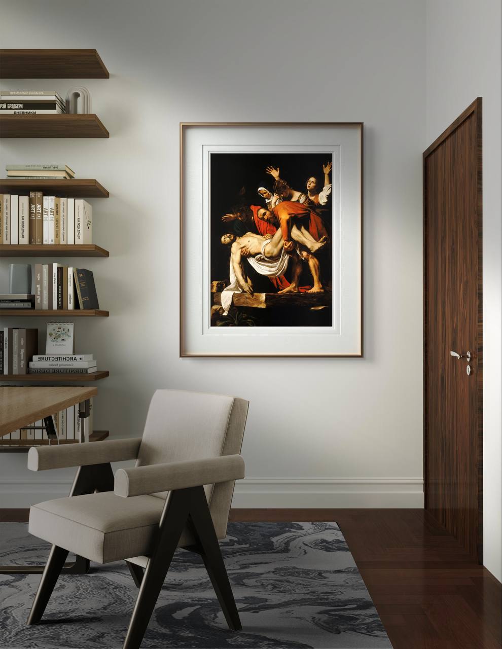 The second image presents the same framed poster on a white wall. The classical golden frame adds a modern touch to the classical art reproduction. Natural light falls on the scene, creating soft shadows and emphasizing the dramatic contrasts in Caravaggio's "The Deposition of Christ."