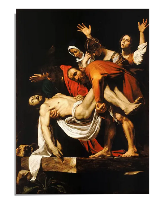 The third image is a close-up of the Caravaggio poster. This high-quality print captures the vivid colors and intricate details of "The Deposition of Christ," portraying the sorrowful scene with lifelike figures and rich contrasts. It’s an exquisite piece for art reproduction enthusiasts.