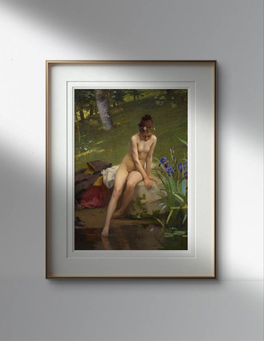 The first image shows a framed poster of Paul Peel's "The Little Shepherdess" on a gray wall. The framed poster features a golden border, highlighting the serene depiction of a young nude girl sitting by a stream with flowers in her hair. The artwork captures the innocence and tranquility of the scene, with lush greenery and delicate flowers surrounding her.