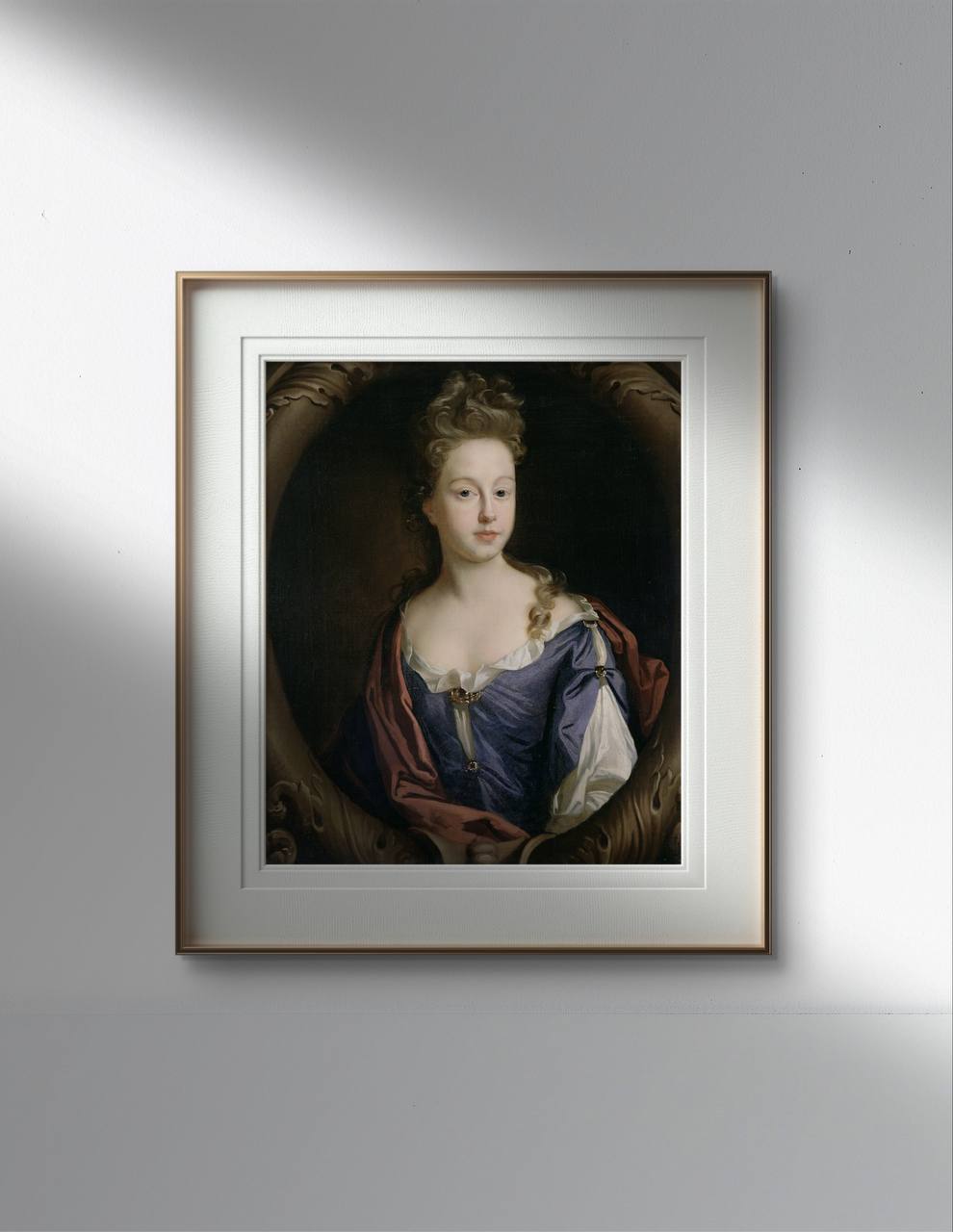 The third image is a close-up of the Baroque painting poster. The high-quality print captures the intricate details and rich colors of the elegant lady in the blue dress, making it a beautiful romantic vintage art print. This exquisite piece is perfect for home decor and as a housewarming gift.