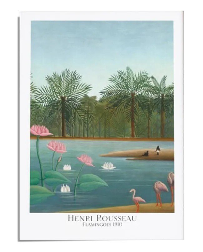 The fourth image is a close-up of the Henri Rousseau poster. The high-quality print captures the intricate details and vivid colors of "Flamingoes," portraying the serene tropical landscape with lifelike precision. 