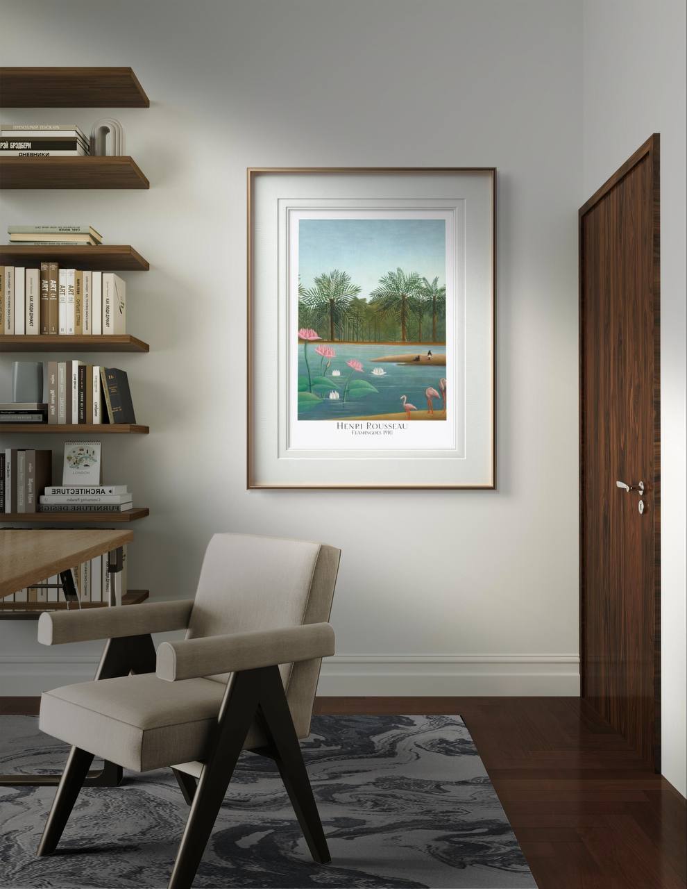 The second image presents the same framed poster of Henri Rousseau's "Flamingoes" in a modern room setting. The minimalist frame complements the artwork, highlighting the vibrant colors and serene setting of flamingos and water lilies in a lush tropical environment. This fine art print adds a touch of nature to the decor.