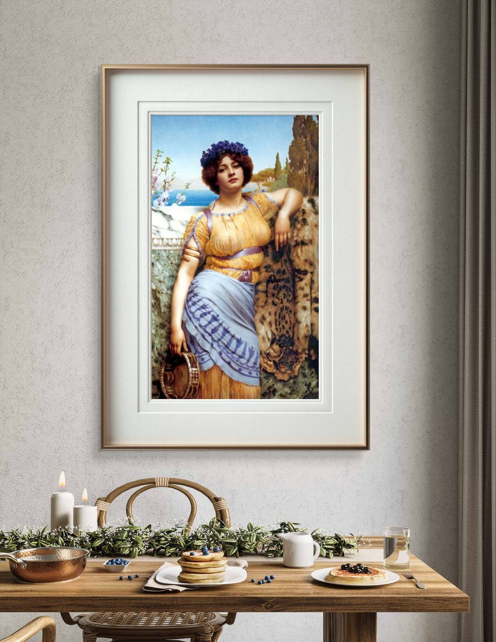 Displayed in a beautifully framed setting, this "Ionian Dancing Girl" poster by John William Godward brings a touch of classical elegance to any dining area. The detailed artwork and serene colors make it an ideal piece for enhancing your room decor. This art print is perfect for those who appreciate classical themes and wish to buy a timeless wall decoration