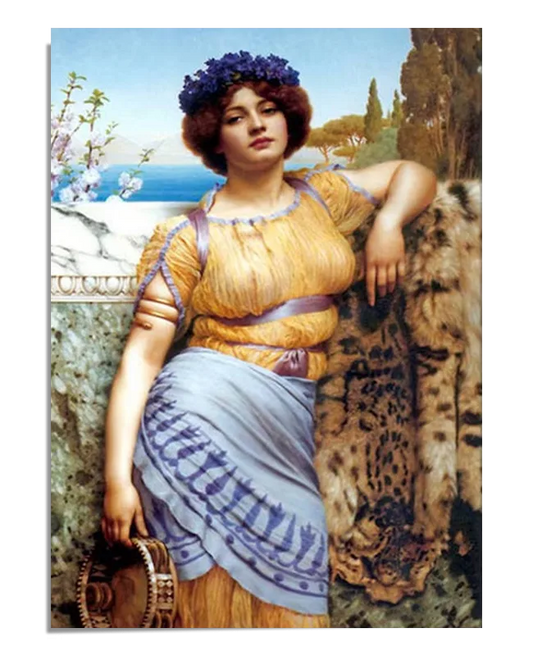 This poster features the "Ionian Dancing Girl" by John William Godward, showcasing a graceful woman in classical attire against a serene Mediterranean backdrop. The rich colors and detailed textures make it a captivating piece of wall art. Perfect for adding elegance to any room, this Godward reproduction enhances your home decor and makes an ideal gift for lovers of classical art.