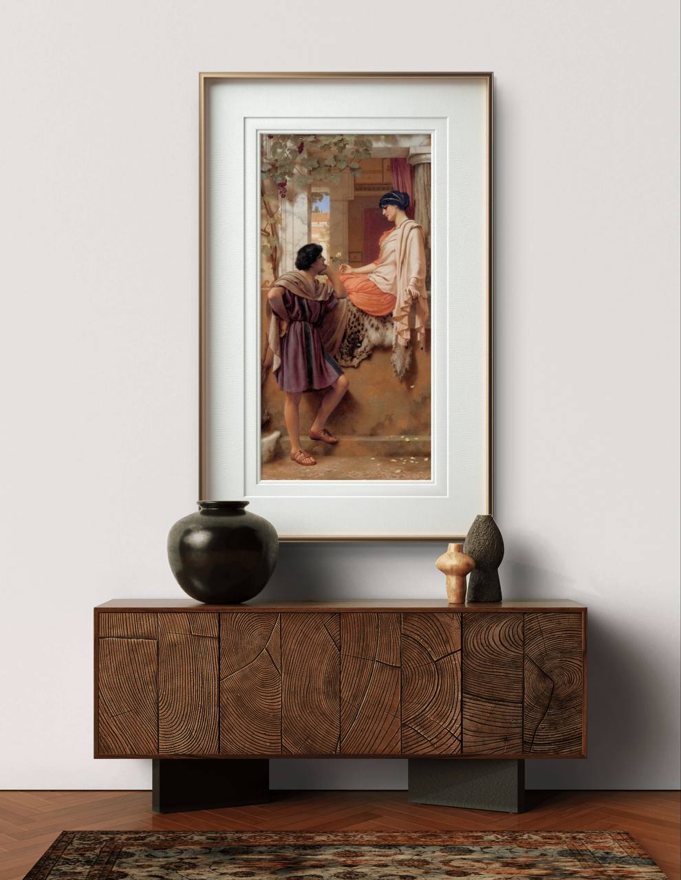 This framed poster features John William Godward's "The Old Story," depicting a serene interaction between two figures in a classical setting. The rich details and warm tones create a timeless atmosphere, making it a perfect piece of wall art for any sophisticated interior. Ideal for those who appreciate classical art, this Godward reproduction enhances your home decor.