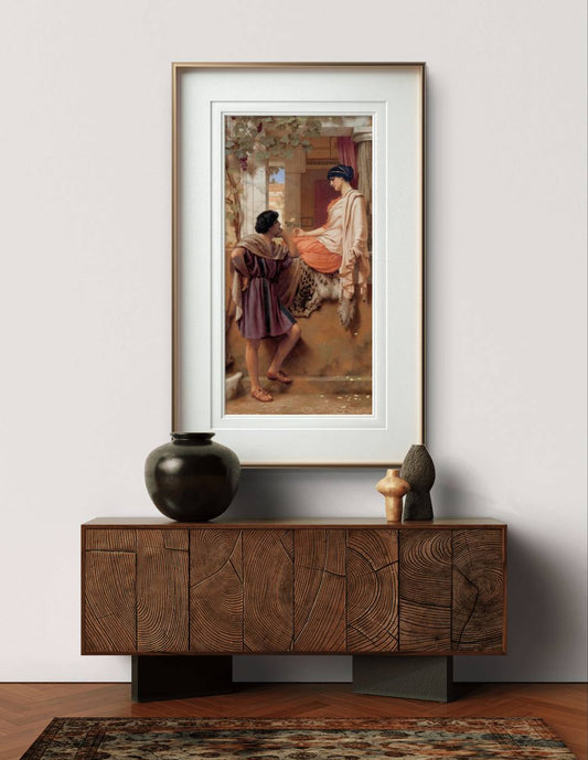 This framed poster features John William Godward's "The Old Story," depicting a serene interaction between two figures in a classical setting. The rich details and warm tones create a timeless atmosphere, making it a perfect piece of wall art for any sophisticated interior. Ideal for those who appreciate classical art, this Godward reproduction enhances your home decor.