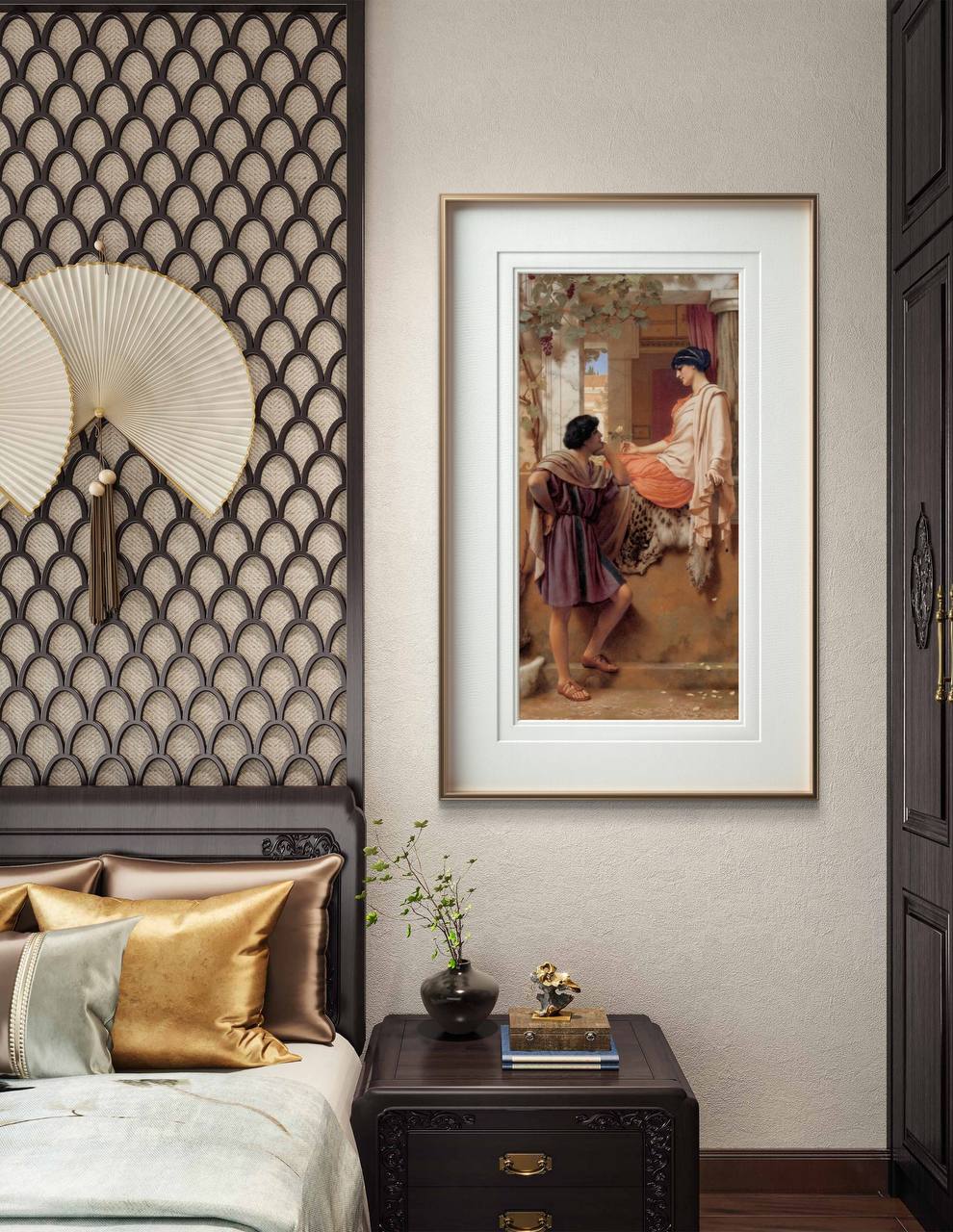 Displayed in an elegant bedroom, this "The Old Story" poster by John William Godward adds a touch of classical charm to the space. The delicate interaction between the figures and the muted colors create a calming and sophisticated ambiance. This art print is perfect for those looking to buy a timeless piece to enhance their room decor.