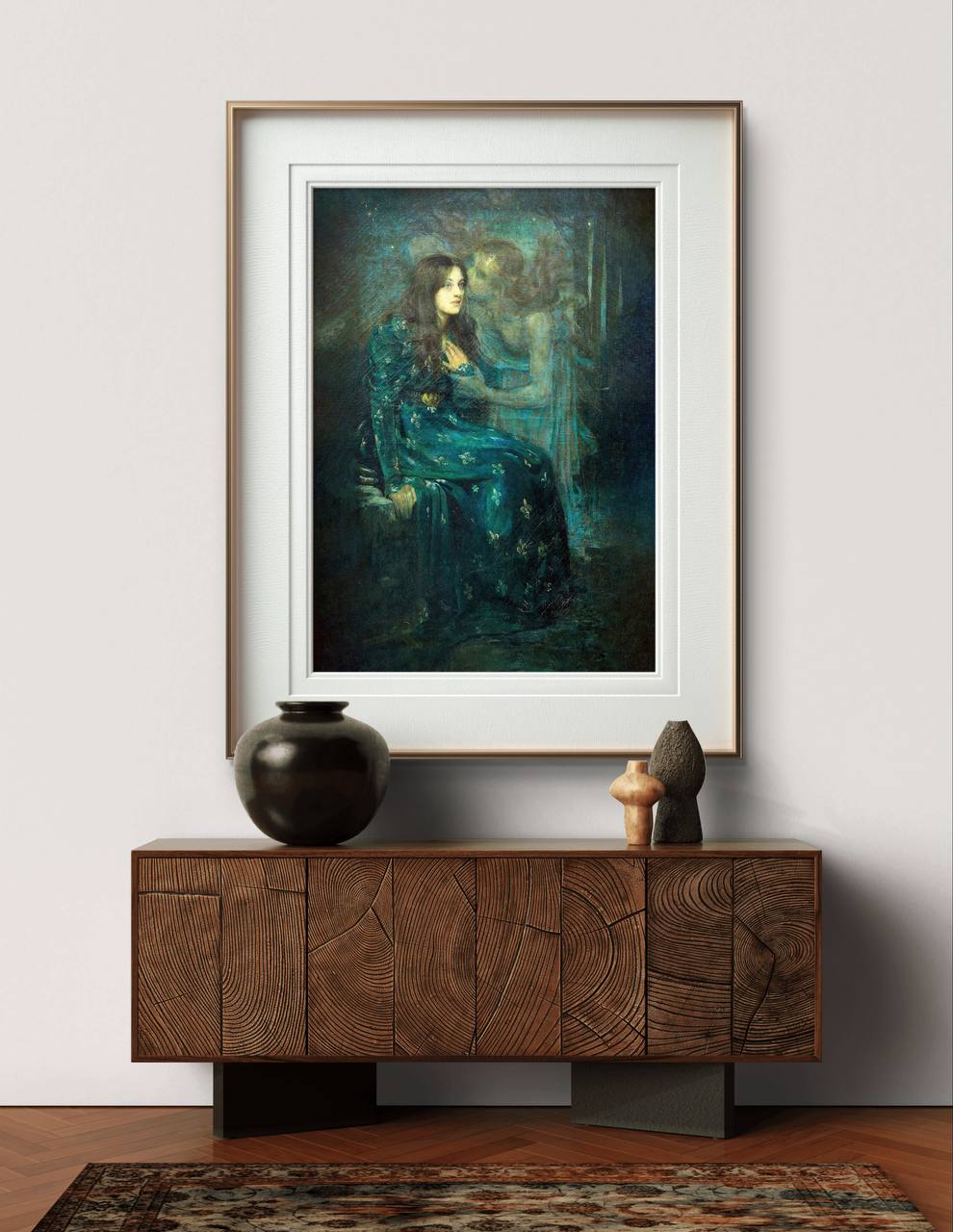 In this elegant room setting, the framed "The Silent Voice" poster by Gerald Edwin Moira adds a touch of mystery and depth. The dark, moody tones and the delicate portrayal of the woman create a compelling visual focus. This art print is perfect for those looking to buy unique, atmospheric artwork to elevate their home decor.