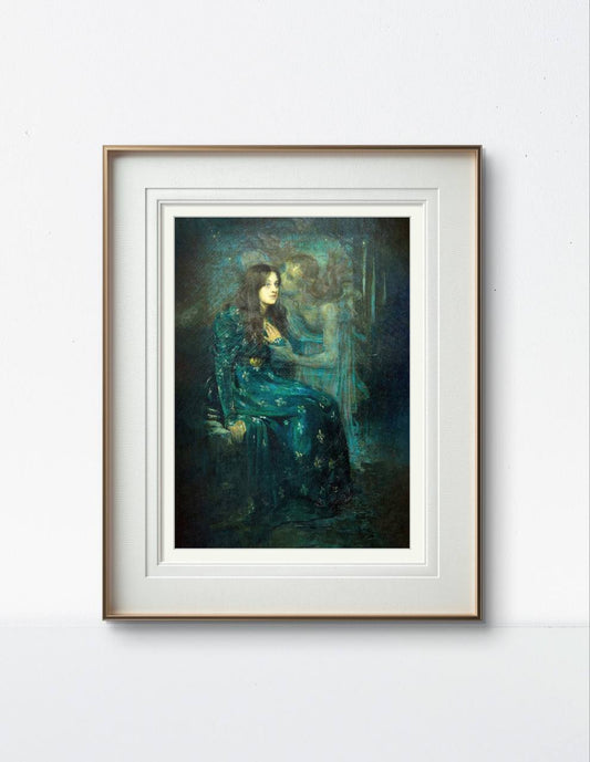 This poster features Gerald Edwin Moira's "The Silent Voice," capturing a mysterious and ethereal scene with a woman in a dark, flowing dress. The deep, rich colors create an otherworldly atmosphere, making it a captivating piece of wall art for any sophisticated space. Ideal for those who appreciate evocative, moody artwork, this Moira reproduction enhances your home decor.