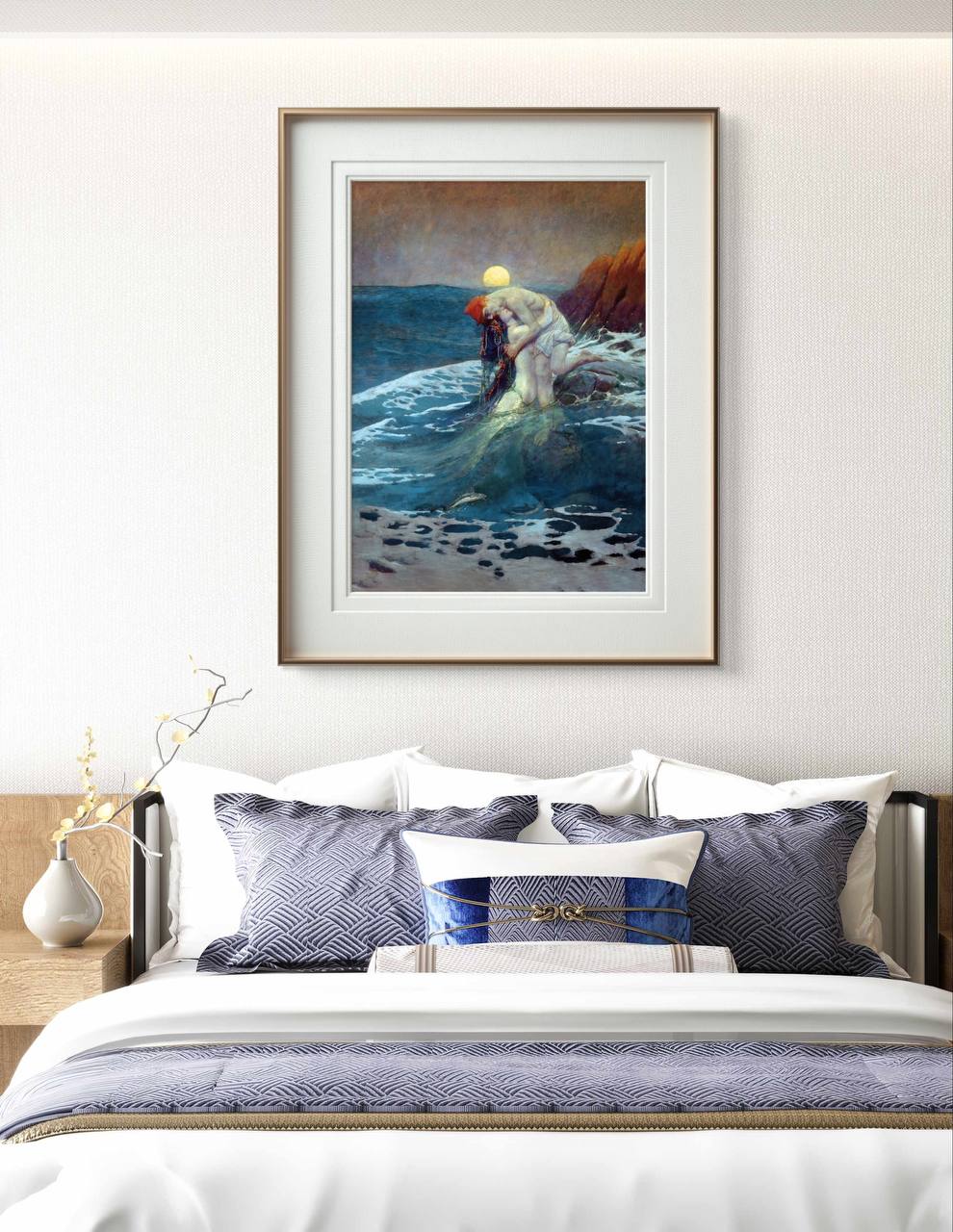 Howard Pyle's "The Mermaid" is beautifully framed and displayed in a serene bedroom setting, adding an element of mythical romance to the space. The captivating imagery of the mermaid and sailor is perfect for those looking to incorporate fantasy themes into their room decor. This art print is an excellent choice for anyone who appreciates dramatic, story-rich artwork.