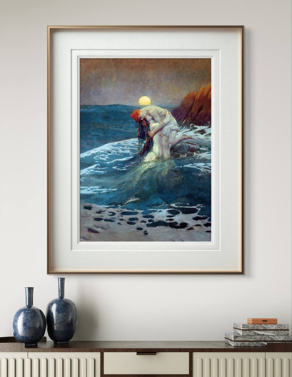 This poster features Howard Pyle's "The Mermaid," depicting a dramatic and emotional scene between a mermaid and a sailor at the water's edge. The vivid colors and dynamic composition capture the intensity of the moment, making it a striking piece of wall art. Perfect for adding a touch of fantasy and romance to your home decor, this print is ideal for lovers of mythical art.