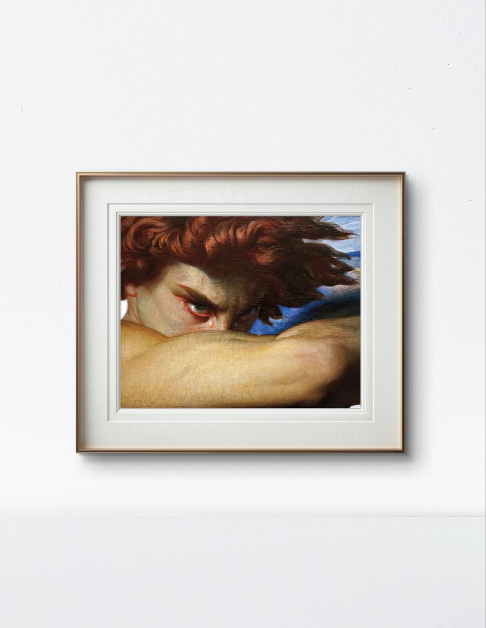 This framed poster features a detail from Alexandre Cabanel's "Fallen Angel," capturing the intense gaze of the angel with remarkable emotion. The vivid colors and powerful expression make this artwork a striking piece for any wall. Ideal for those who appreciate classical art with a dramatic edge, this print adds depth and intrigue to your home decor.