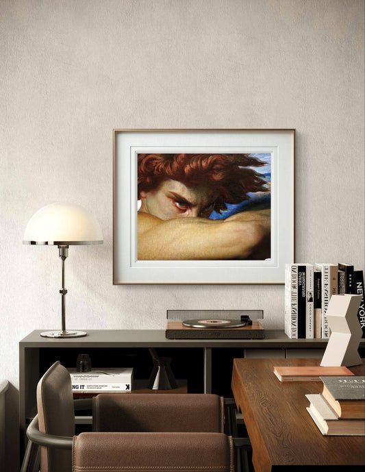 This poster showcases a close-up from Alexandre Cabanel's "Fallen Angel," highlighting the deep emotion in the angel's eyes. The intense, dramatic tone of the artwork makes it a captivating addition to any home gallery wall. Ideal for art lovers who appreciate classical themes with a powerful impact, this print elevates your space with its striking presence.