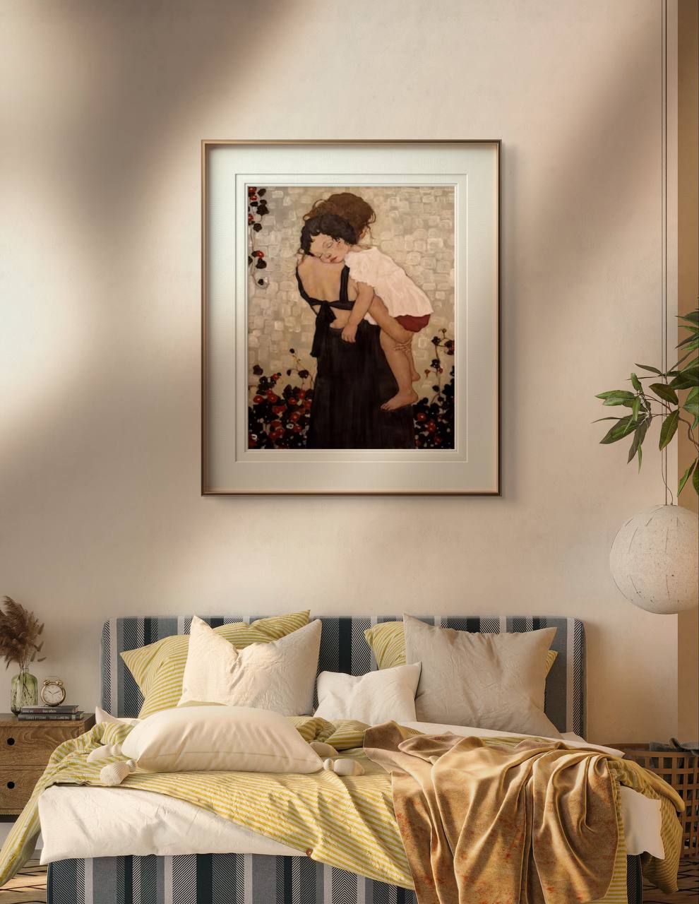 Displayed in a cozy room setting, this "Mother and Child" poster brings warmth and affection into the space. The artwork's soft tones and gentle depiction of a mother holding her sleeping child create a serene and loving atmosphere. This art print is perfect for those looking to enhance their home decor with a touch of maternal love and comfort.