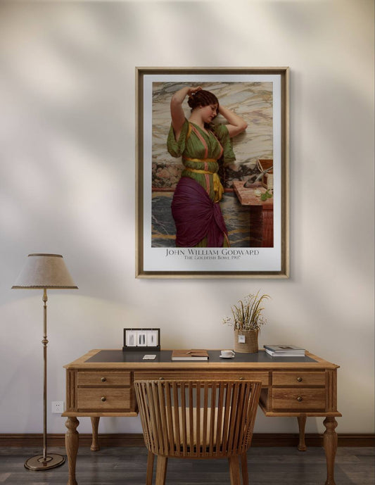 This beautiful framed print of "The Goldfish Bowl" by John William Godward brings a touch of classical elegance to your home decor. The image depicts a woman in a richly colored green and purple robe, gracefully posing in front of a marble background. The intricate details in the woman’s attire and the background's luxurious textures create a striking contrast that captures the essence of neoclassical art. This Poster is ideal for adding a sophisticated element to a living room, study, or office, making it 