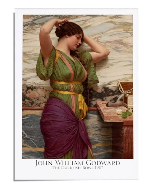 "The Goldfish Bowl" by John William Godward, now available as a high-quality Art reproduction, captures the delicate beauty and serene atmosphere of this classic painting. The image features a woman in a vibrant green and purple robe, posed against a luxurious marble background, epitomizing the neoclassical style. This Printed poster is perfect for art lovers who appreciate timeless beauty and wish to incorporate classical art into their home decor. Whether displayed in a living room, office, or gallery wal