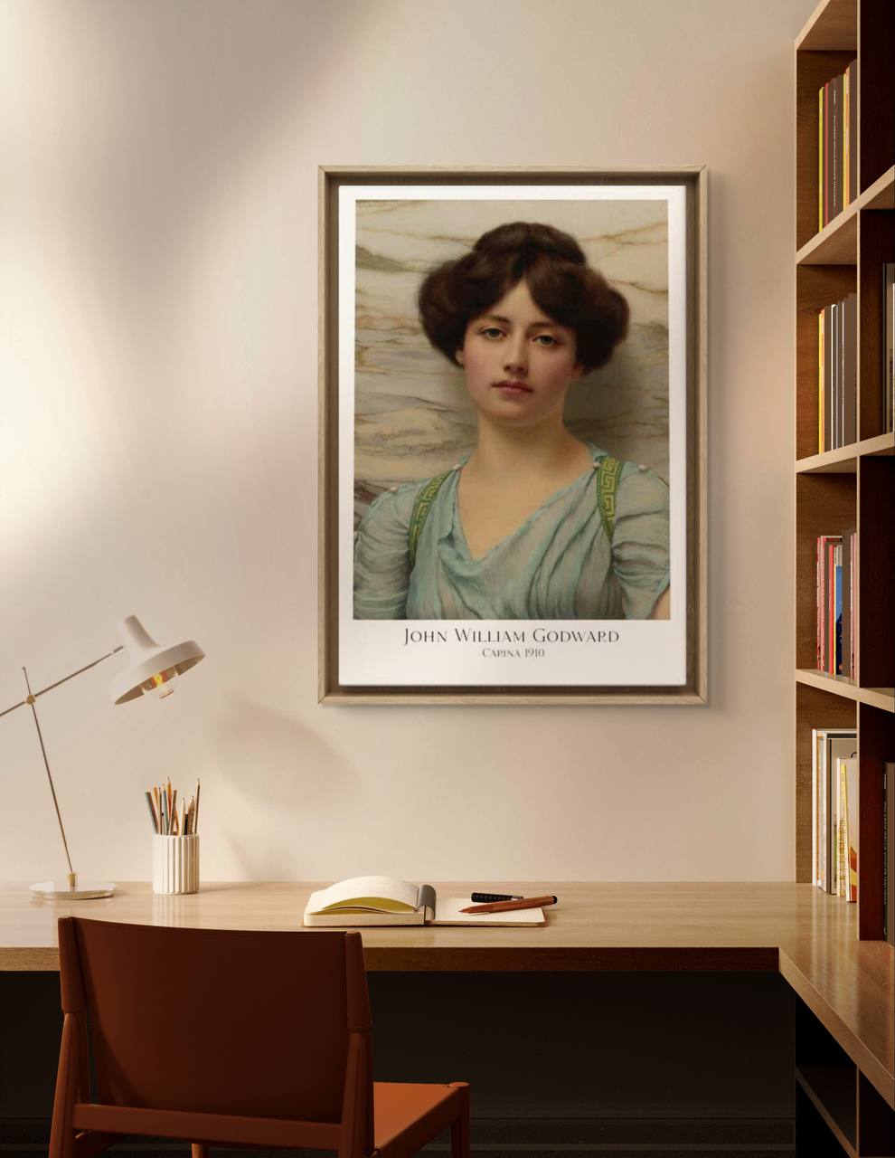 Displayed in a warm, inviting study, this framed poster of John William Godward's "Capina" radiates classical beauty and sophistication. The artwork, featuring a young woman with a serene expression and dressed in a delicate blue robe, is a fine example of neoclassical portraiture. This Printed poster is a wonderful addition to any space looking to blend classical art with modern decor. It serves as both an artistic focal point and a decorative piece that enhances the overall aesthetic of a room, making it 