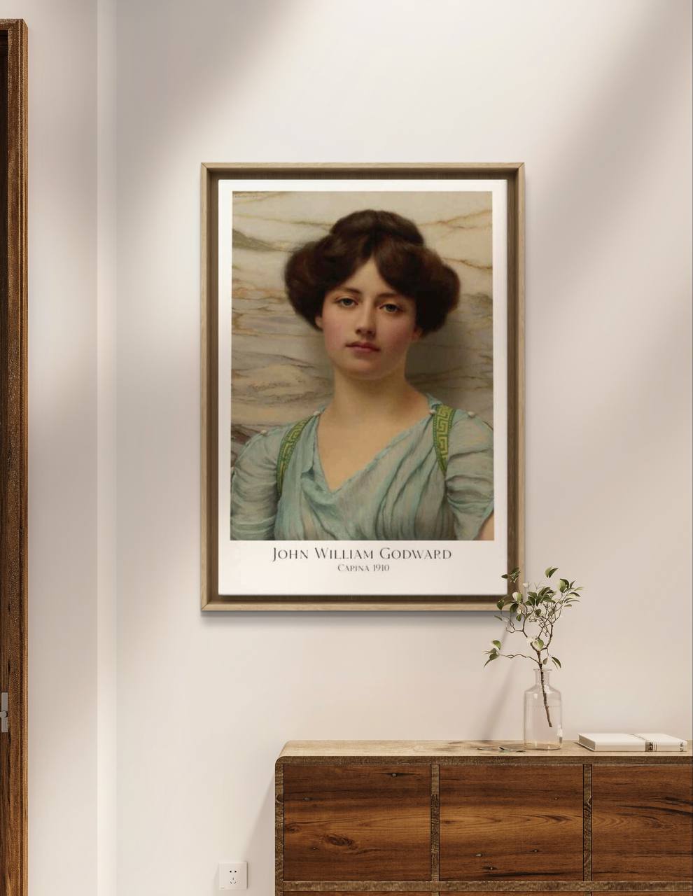 "Capina" by John William Godward is a stunning neoclassical portrait that beautifully captures the delicate features and serene expression of a young woman. This high-quality Art reproduction poster is perfect for those who appreciate the refined elegance of classical art. The artwork is set against a marble background, which adds a luxurious touch to the overall composition. Ideal for decorating living rooms, bedrooms, or offices, this Poster brings a sense of calm and timeless beauty to any space.