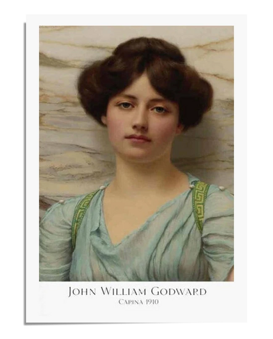 This exquisite art print features "Capina" by John William Godward, a renowned neoclassical painter known for his detailed and serene portraits. The image captures a young woman with soft, delicate features, gazing outward with a calm and introspective expression. She is dressed in a light blue robe with intricate details, set against a marble background that highlights the sophistication and classical beauty of the piece. This Poster is a perfect addition to any Home Gallery Wall, offering a sense of tranq