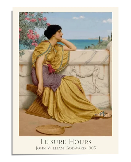 A detailed view of the "Leisure Hours" poster, highlighting the serenity of the seated woman in classic attire. Ideal for art lovers seeking elegance in their home. Keywords: Fine Art Print, John William Godward Poster, Classical Art, Wall Art.