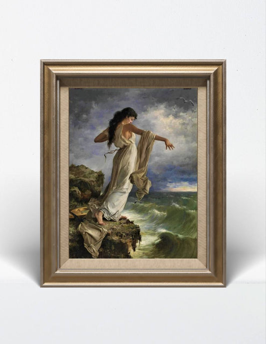 The "Sappho" poster framed and placed against a neutral background. The ornate frame enhances the artwork's dramatic effect, making it a striking centerpiece for any room. Keywords: Art Print, Classic Art, Home Decoration, Wall Art, Sappho Painting